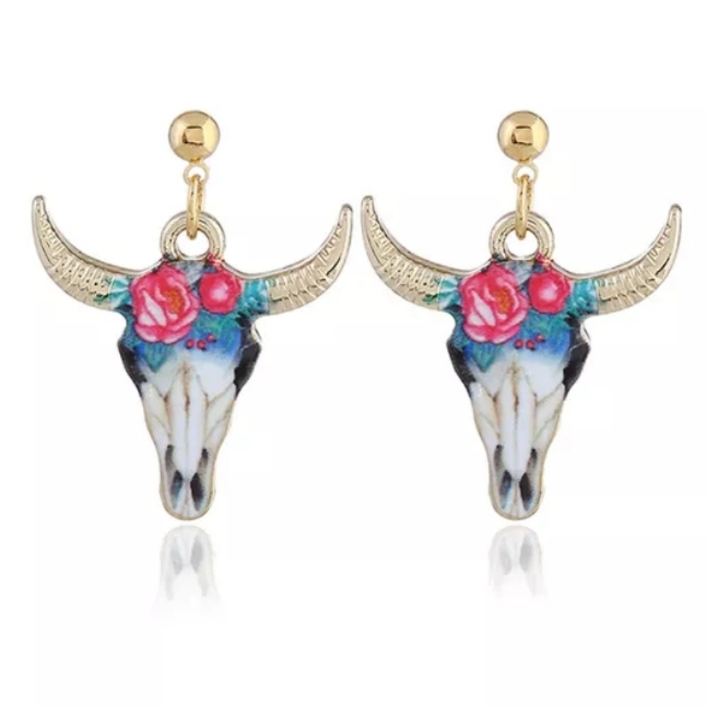 Floral Longhorn Earrings. Bull Head Steer Head Cow Head Western Rodeo Cowgirl